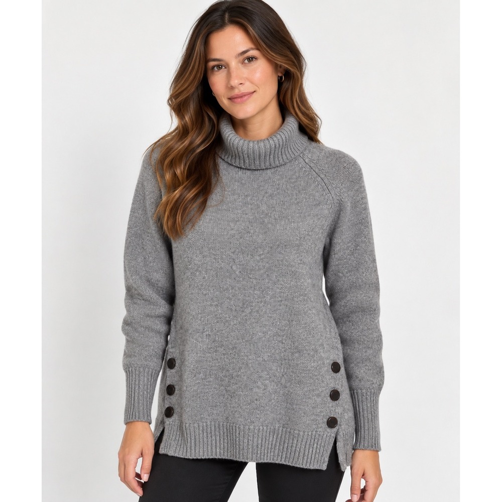 Garnet Hill 100% Cashmere Turtleneck Sweater Gray Button Side Vent Womens Small
